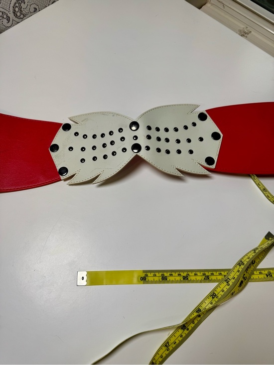 Accessories - Vintage Wide Red Leather Belt with White Studded Bow, Mid Century Rockabilly
